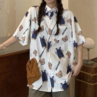 Short-sleeve Bear Print Shirt Bear - White - One Size