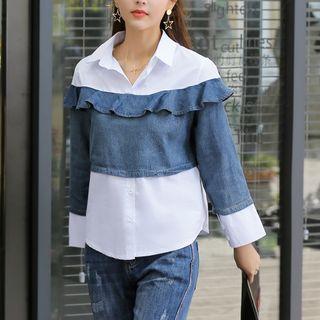 Long-sleeve Paneled Ruffle-hem Blouse