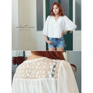Open-placket Lace-panel Blouse