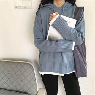 Plain Long-sleeve Loose-fit Hooded Knit Top