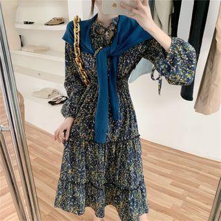 Floral Print Long-sleeve Dress / Plain Shawl