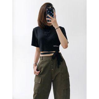Tie-hem Embroidered Crop Shirt Black - One Size