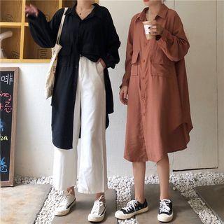 Plain Long-sleeve Midi Shirtdress / Crochet Cardigan
