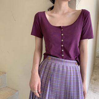 Short-sleeve Buttoned Plain Top
