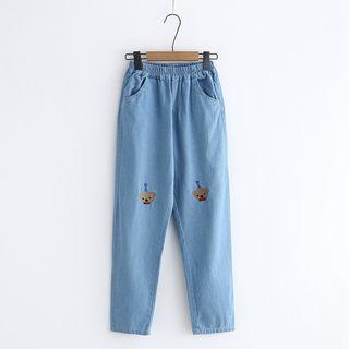 Bear Embroidered Straight Cut Jeans