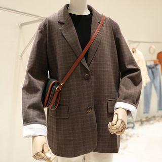 Plaid Single-breasted Blazer Plaid - Coffee - One Size