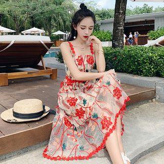 Crochet Strap Floral Applique Midi A-line Dress