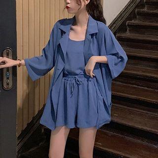 Set:plain Single-breasted Long-sleeve Blazer + Plain Camisole Top + High-waist Lace-up Shorts