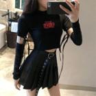Lettering Lace Up Long-sleeve T-shirt / Mini Pleated Skirt With Belt
