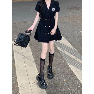 Short-sleeve Badge Embroidered Double-breasted Shirtdress Black - One Size