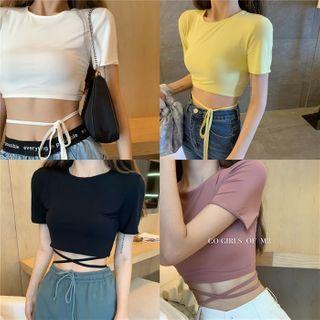 Short-sleeve Drawstring Plain Cropped Top