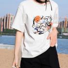 Bow-neck Printed Short-sleeve Tee White - One Size