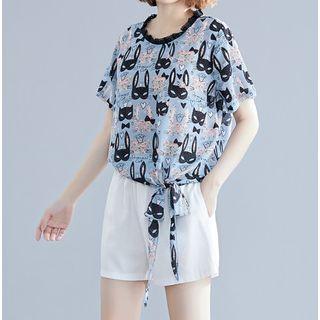 Short-sleeve Lace Trim Patterned Ribbon Chiffon Top