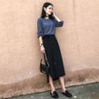 Set: Plain Long-sleeve T-shirt + Button Placket Midi H-line Skirt