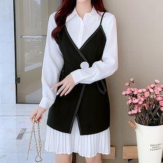 Set: Pleated Hem Midi A-line Shirtdress + Vest