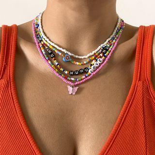 Set Of 5: Lettering / Bead Acrylic Choker (various Designs) 2589 - Red & Yellow & Blue - One Size