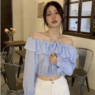 Long-sleeve Off Shoulder Plaid Top Blue - One Size