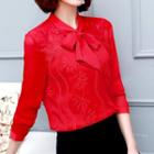 Bow Accent Perforated Chiffon Shirt