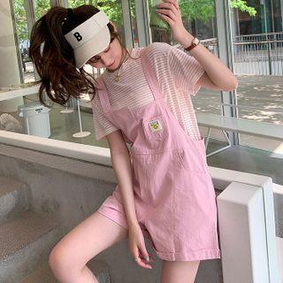 Set: Short-sleeve Striped T-shirt + Plain Denim Jumper Shorts