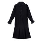 Long-sleeve V-neck Ruffle Hem Midi Shirt Dress Black - One Size