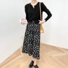 Round-neck Plain Button-up Cardigan / High-waist Floral A-line Skirt