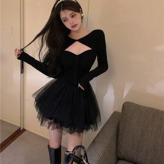 Long Sleeve V-neck Mesh Panel Dress Black - One Size