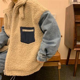 Faux Shearling Denim Panel Jacket