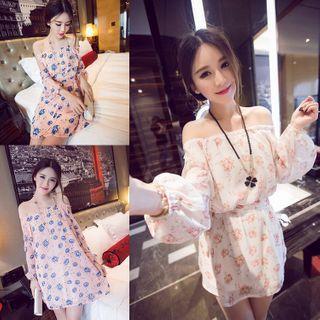 Long-sleeve Cold Shoulder Floral Print A-line Mini Dress