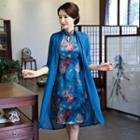 Set: Floral Print Short Sleeve Qipao + Elbow Sleeve Coat