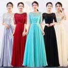 Short-sleeve Mesh Panel A-line Evening Gown
