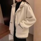 Contrast Trim Fleece Button Jacket Off-white - One Size