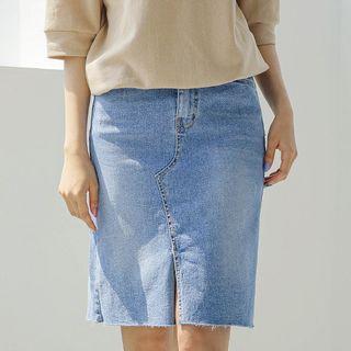 Slit-front Washed Midi Denim Skirt