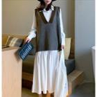 Long-sleeve Midi Shirt Dress / V-neck Knit Vest