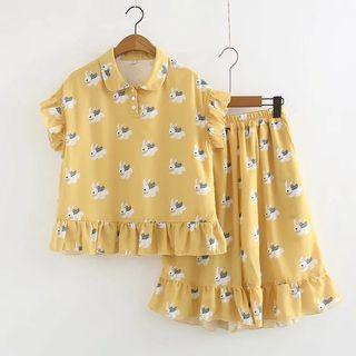 Set: Rabbit Trim Short-sleeve Top + A-line Skirt
