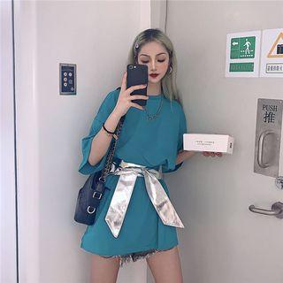 Plain Elbow-sleeve Long T-shirt With Belt