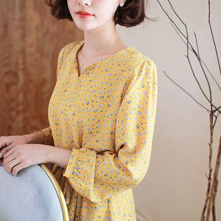 Notched-neck Tie-waist Floral Shirtdress