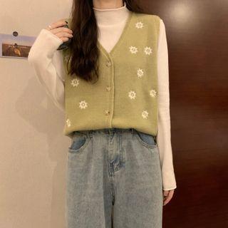 Floral Embroidered Sweater Vest / Long-sleeve Mock-neck Top