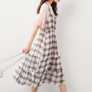 Set:plain Crewneck Top+plaid High-waist Camisole Midi Dress