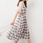Set:plain Crewneck Top+plaid High-waist Camisole Midi Dress