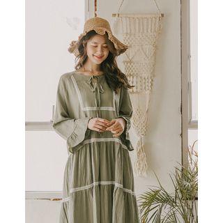 Tie-neck Lace-trim Long Tiered Dress