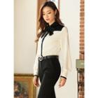 Lace-trim Contrast-panel Blouse With Tie Ivory - One Size