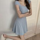Cap-sleeve Mini A-line Dress Grayish Blue - One Size