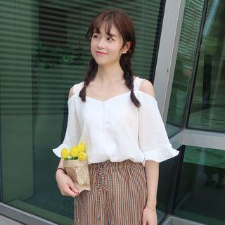 Plain Cut Out Shoulder Elbow Sleeve Top