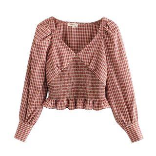 V-neck Gingham Smocked Cropped Blouse