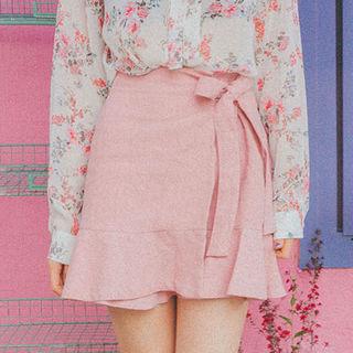Ruffle-hem Linen Mini Wrap Skirt