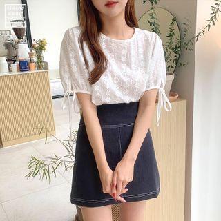 Short-sleeve Embroidered Blouse / Mini A-line Skirt