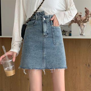 Washed Asymmetrical Fringed A-line Denim Skirt
