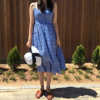 Plaid Spaghetti-strap Buttoned Midi Sundress