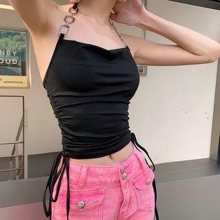 Chain Strap Halter Drawstring Crop Top