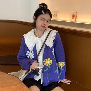 Long-sleeve Wide-collar Lace Trim Blouse / Floral Pattern Cardigan
